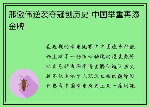 邢傲伟逆袭夺冠创历史 中国举重再添金牌